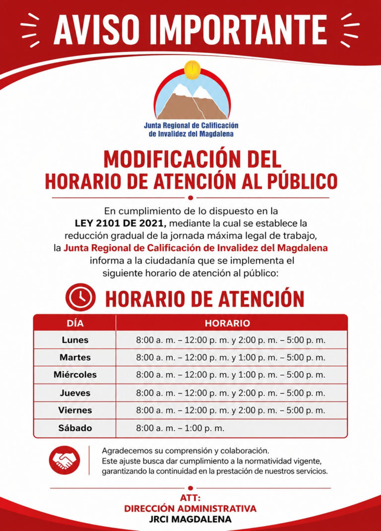 Aviso: Modificación del horario de atención al público de la Junta Regional de Calificación de Invalidez del Magdalena, según la Ley 2101 de 2021